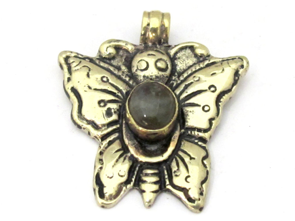 1 Pendant - Tibetan silver carved butterfly reverse side lotus flower pendant with labradorite inlay from Nepal - PM254H