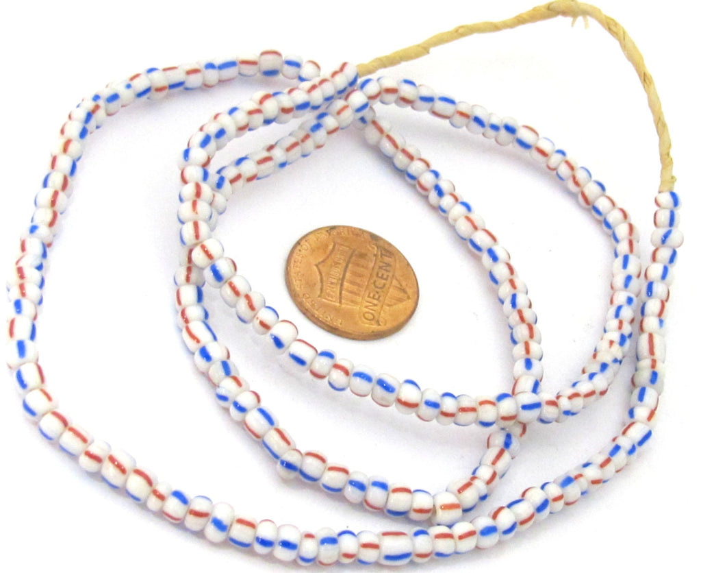 1 FULL STRAND 23 inches - Ghana white color with red blue stripe african glass beads - 160 plus beads - AB034