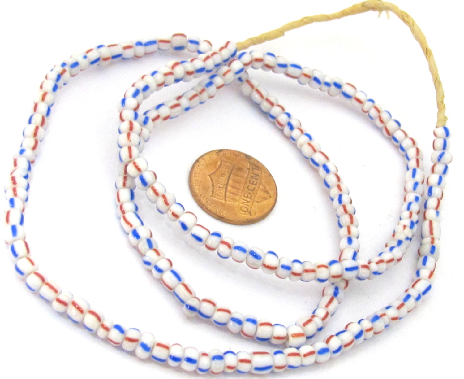 1 FULL STRAND 23 inches - Ghana white color with red blue stripe african glass beads - 160 plus beads - AB034