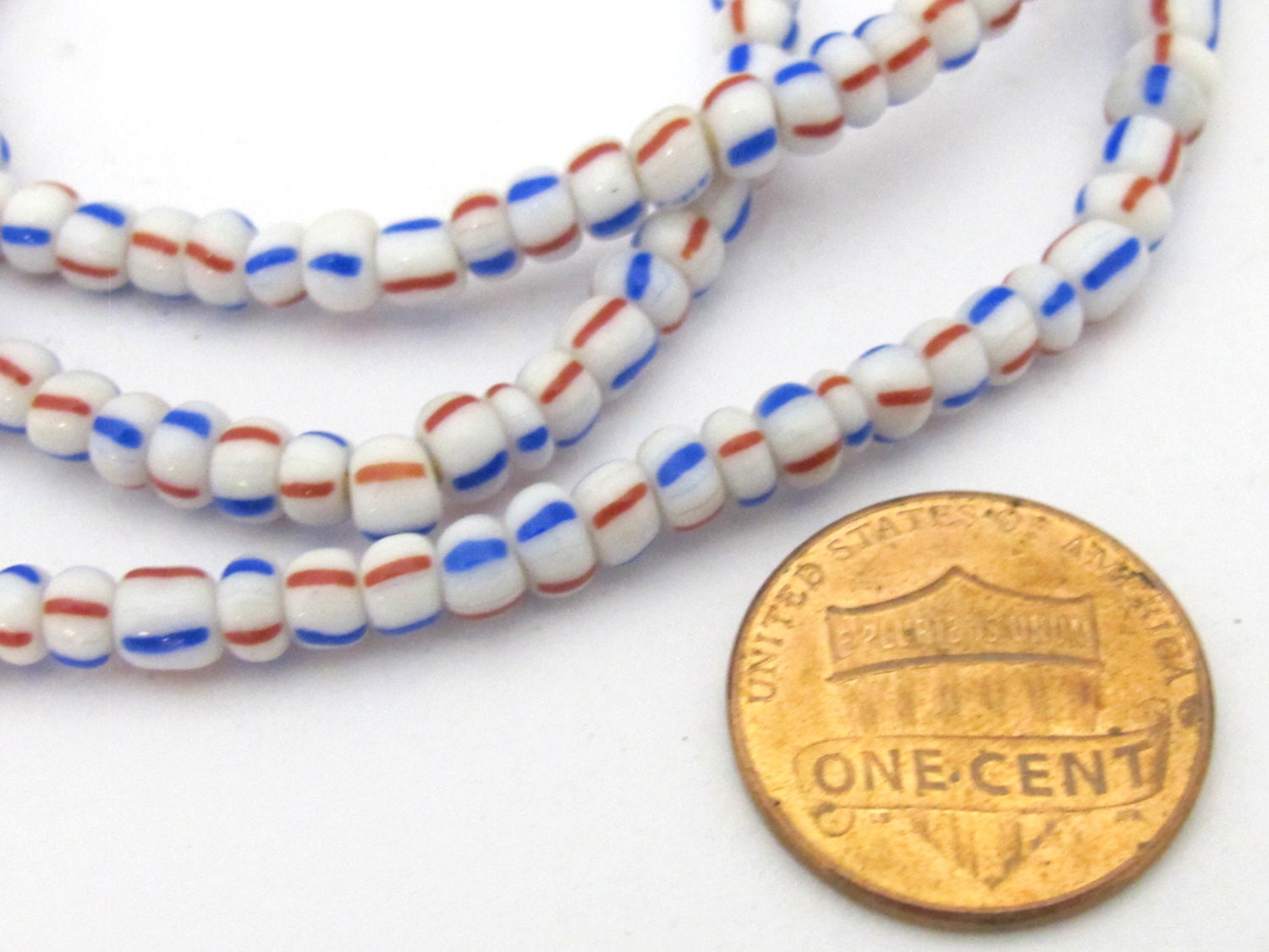 1 FULL STRAND 23 inches - Ghana white color with red blue stripe african glass beads - 160 plus beads - AB034