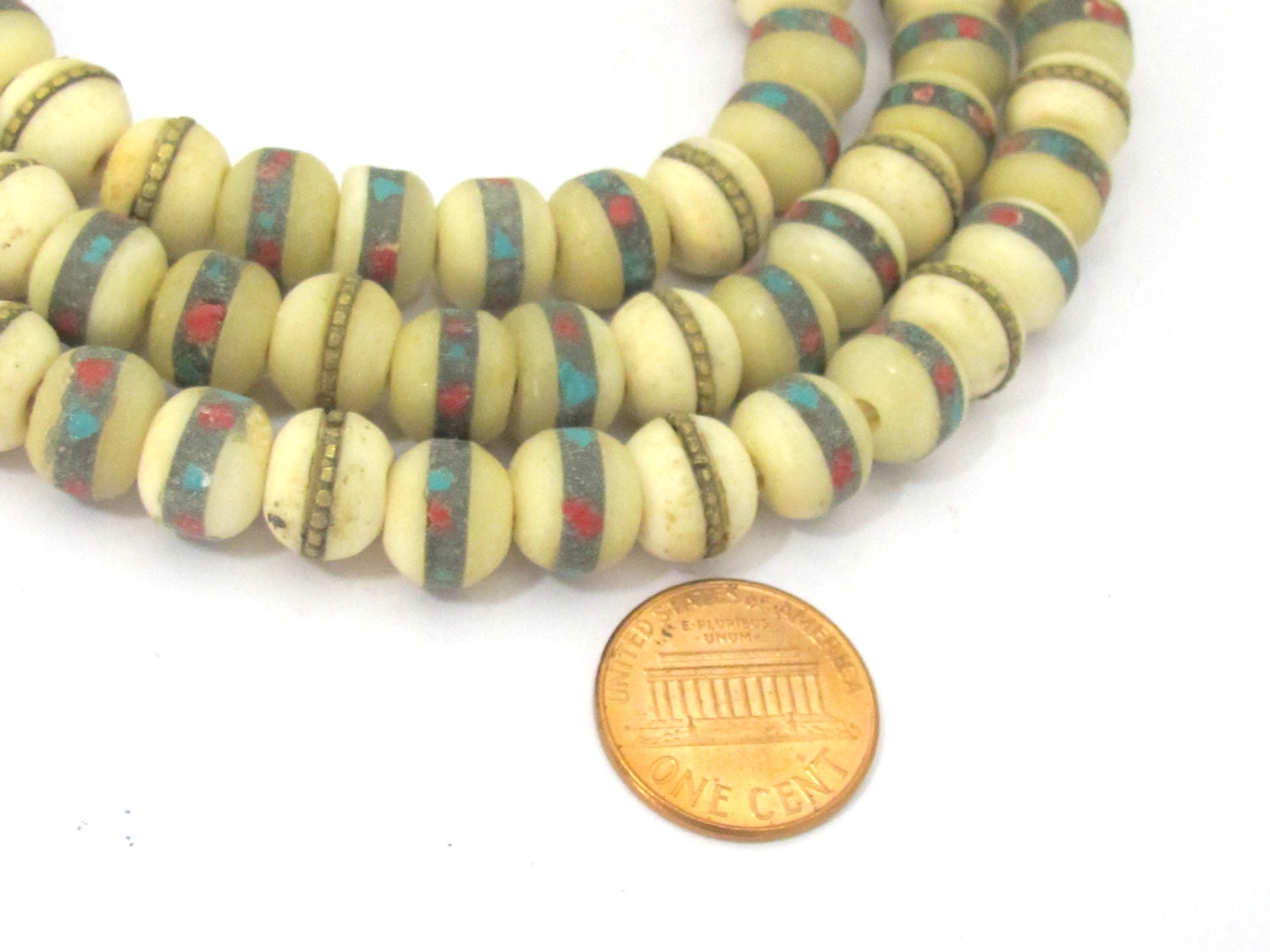 50 beads - 10 mm Tibetan cream white color upcycled cattle bone mala turquoise brass coral inlay beads - ML039B