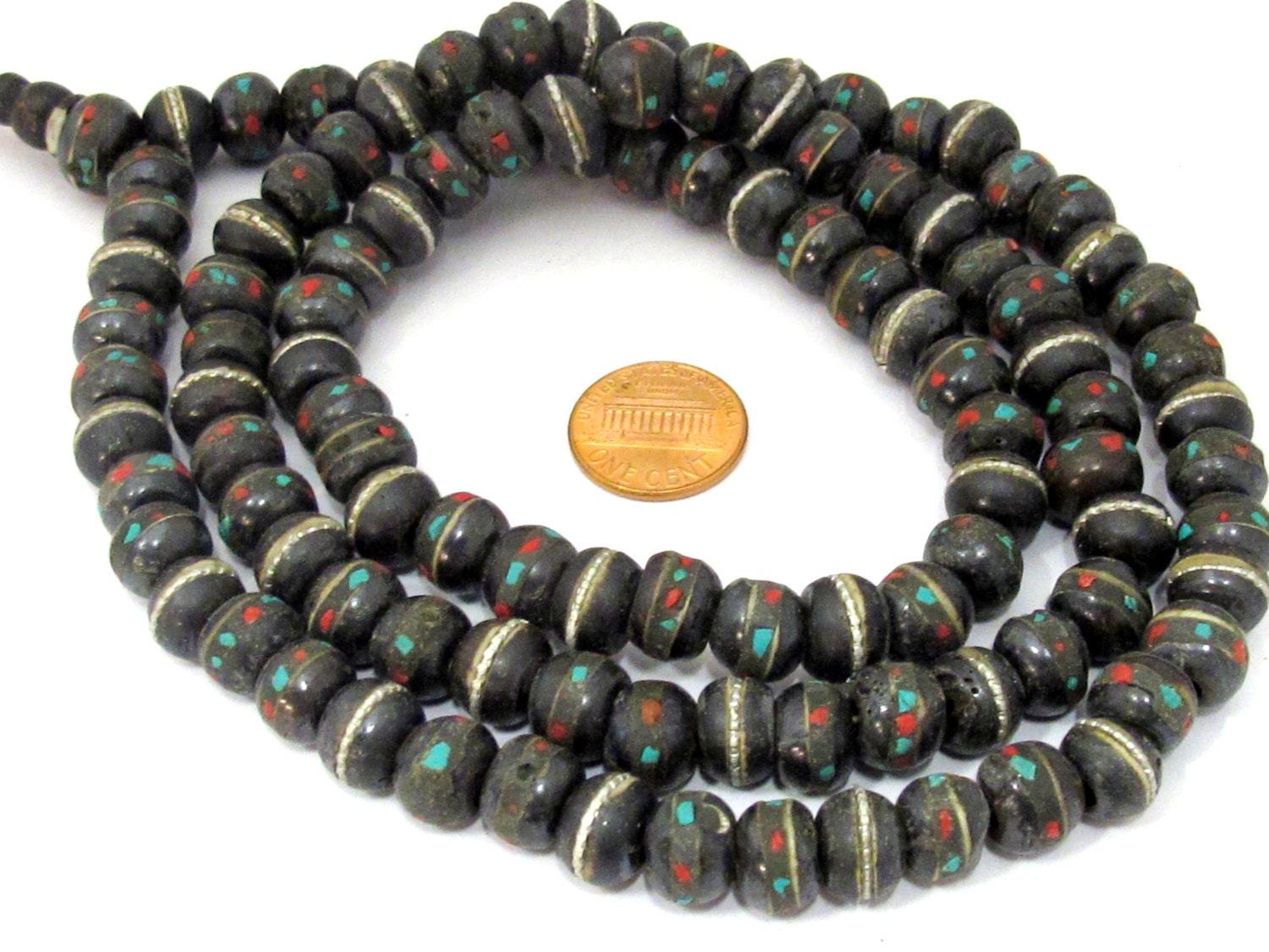 108 mala making bone beads - 10 - 11 mm Tibetan black brown color recycled cattle bone beads with turquoise inlay and Guru bead - ML040A