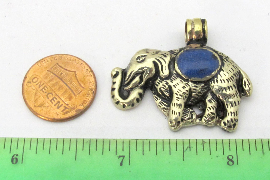 1 Pendant - Tibetan silver repousse carved elephant pendant with lapis inlay handcrafted from Nepal - PM254C