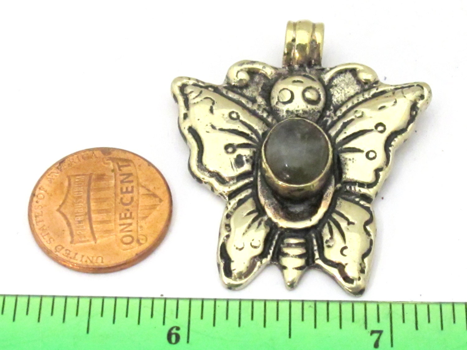 1 Pendant - Tibetan silver carved butterfly reverse side lotus flower pendant with labradorite inlay from Nepal - PM254H