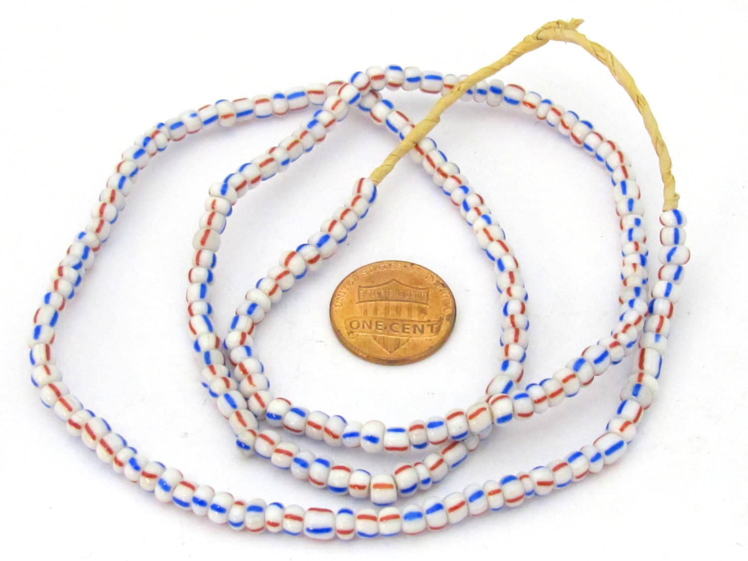1 FULL STRAND 23 inches - Ghana white color with red blue stripe african glass beads - 160 plus beads - AB034