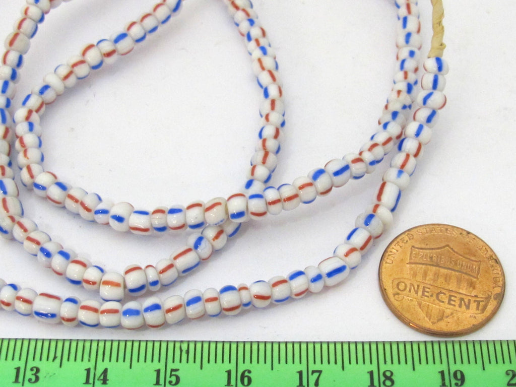 1 FULL STRAND 23 inches - Ghana white color with red blue stripe african glass beads - 160 plus beads - AB034