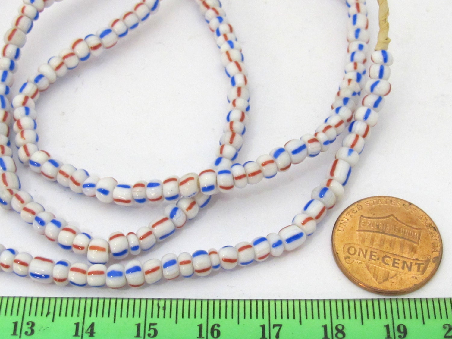 1 FULL STRAND 23 inches - Ghana white color with red blue stripe african glass beads - 160 plus beads - AB034