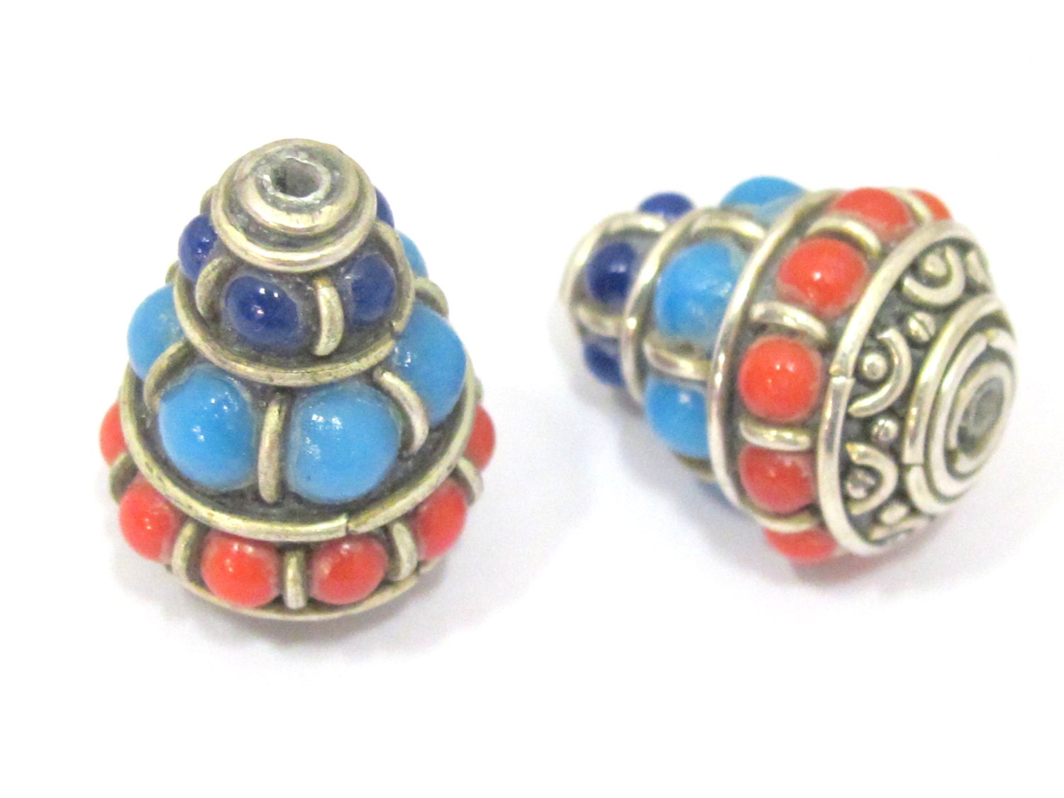 1 bead - Ethnic Tibetan silver nepal cone shape bead with red blue resin inlays - BD834