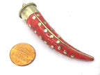 1 Pendant - Long Tibetan horn shape Brass pendant with inlay and dotted brass inlay - PM407A