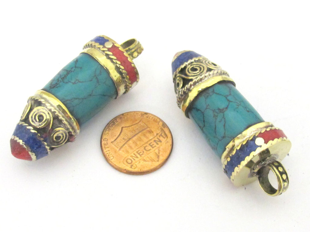 1 Pendant - Tibetan point bullet shape turquoise pendant with spiral inlay brass cap from Nepal - PM409
