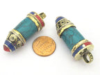 1 Pendant - Tibetan point bullet shape turquoise pendant with spiral inlay brass cap from Nepal - PM409