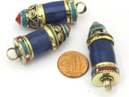 1 Pendant - Tibetan point bullet shape lapis pendant with spiral inlay brass cap from Nepal - PM410