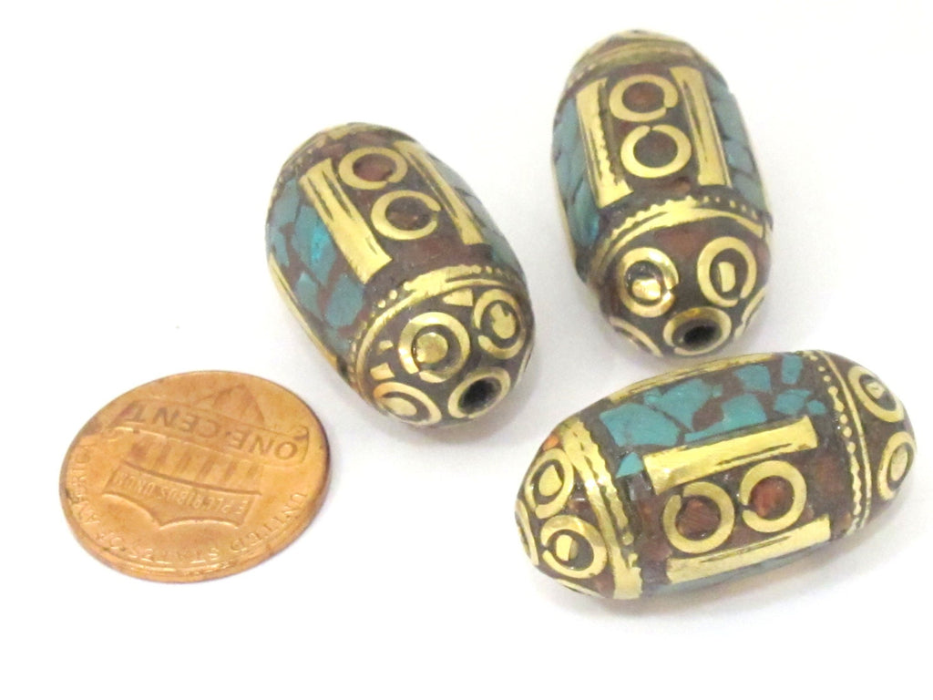 2 BEADS - Tibetan Beads - nepalese beads - tibetan craft - Thick Tibetan brass beads with turquoise inlay from Nepal - BD835s