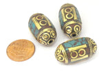2 BEADS - Tibetan Beads - nepalese beads - tibetan craft - Thick Tibetan brass beads with turquoise inlay from Nepal - BD835s
