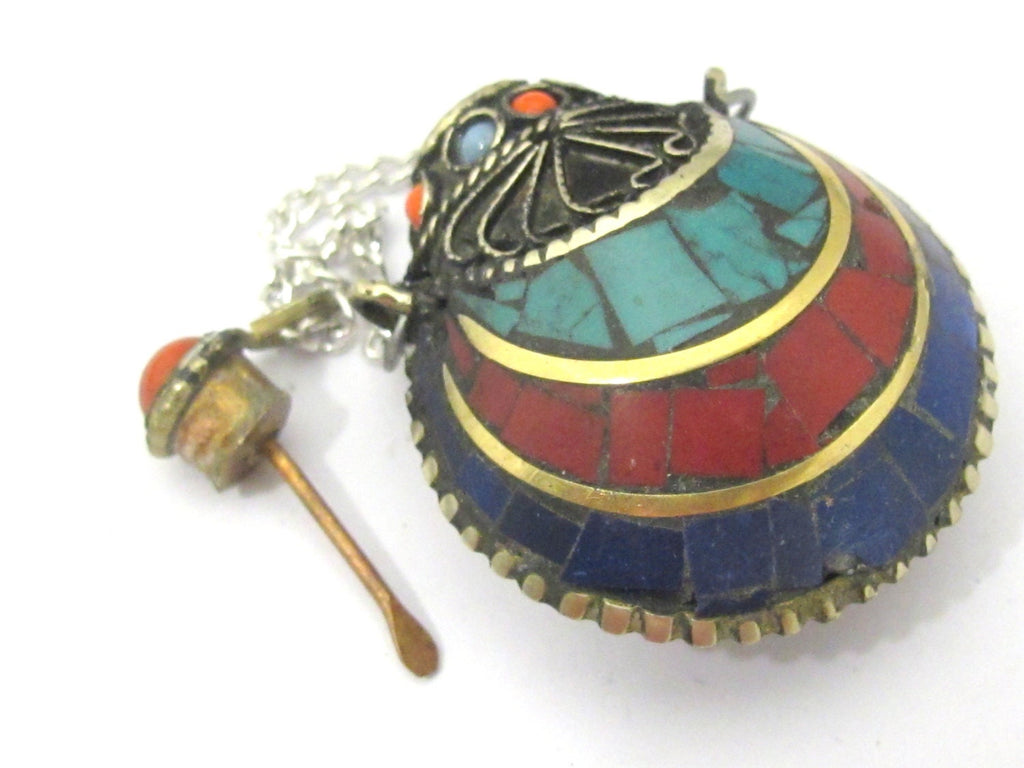 1 Pendant - Tibetan Om mantra snuff bottle brass pendant with turquoise coral inlay - PM413A