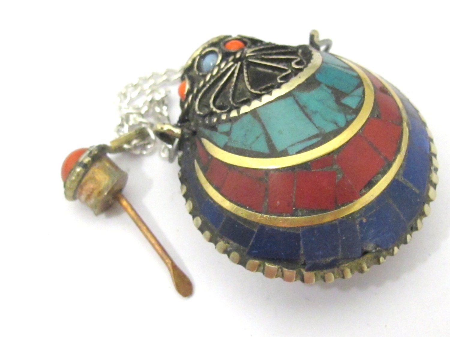 1 Pendant - Tibetan Om mantra snuff bottle brass pendant with turquoise coral inlay - PM413A