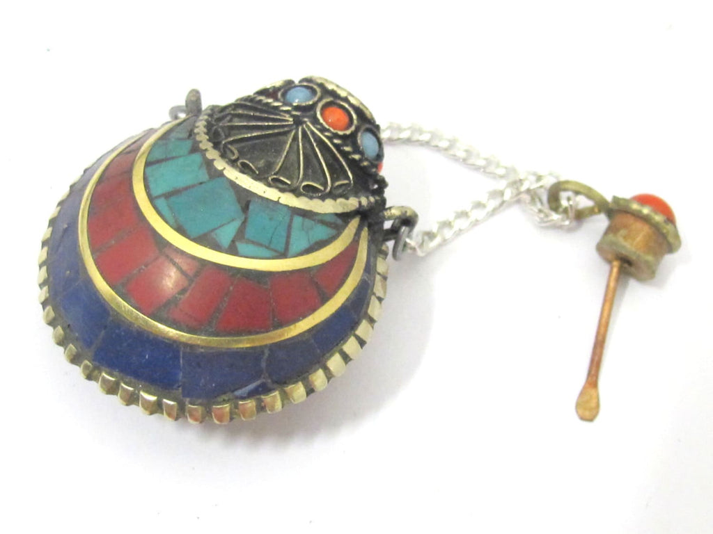 1 Pendant - Tibetan Om mantra snuff bottle brass pendant with turquoise coral inlay - PM413A