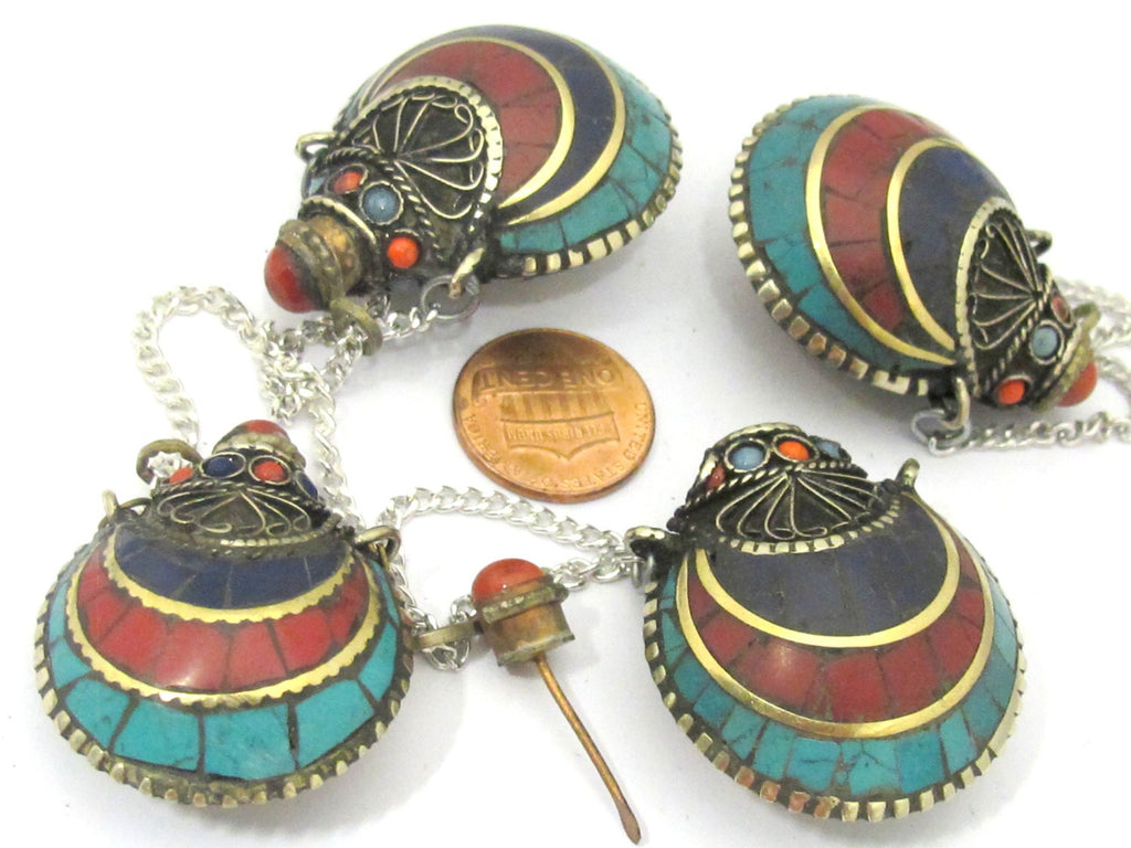 1 Pendant - Tibetan Om mantra snuff bottle brass pendant with lapis coral turquoise inlay - PM413B