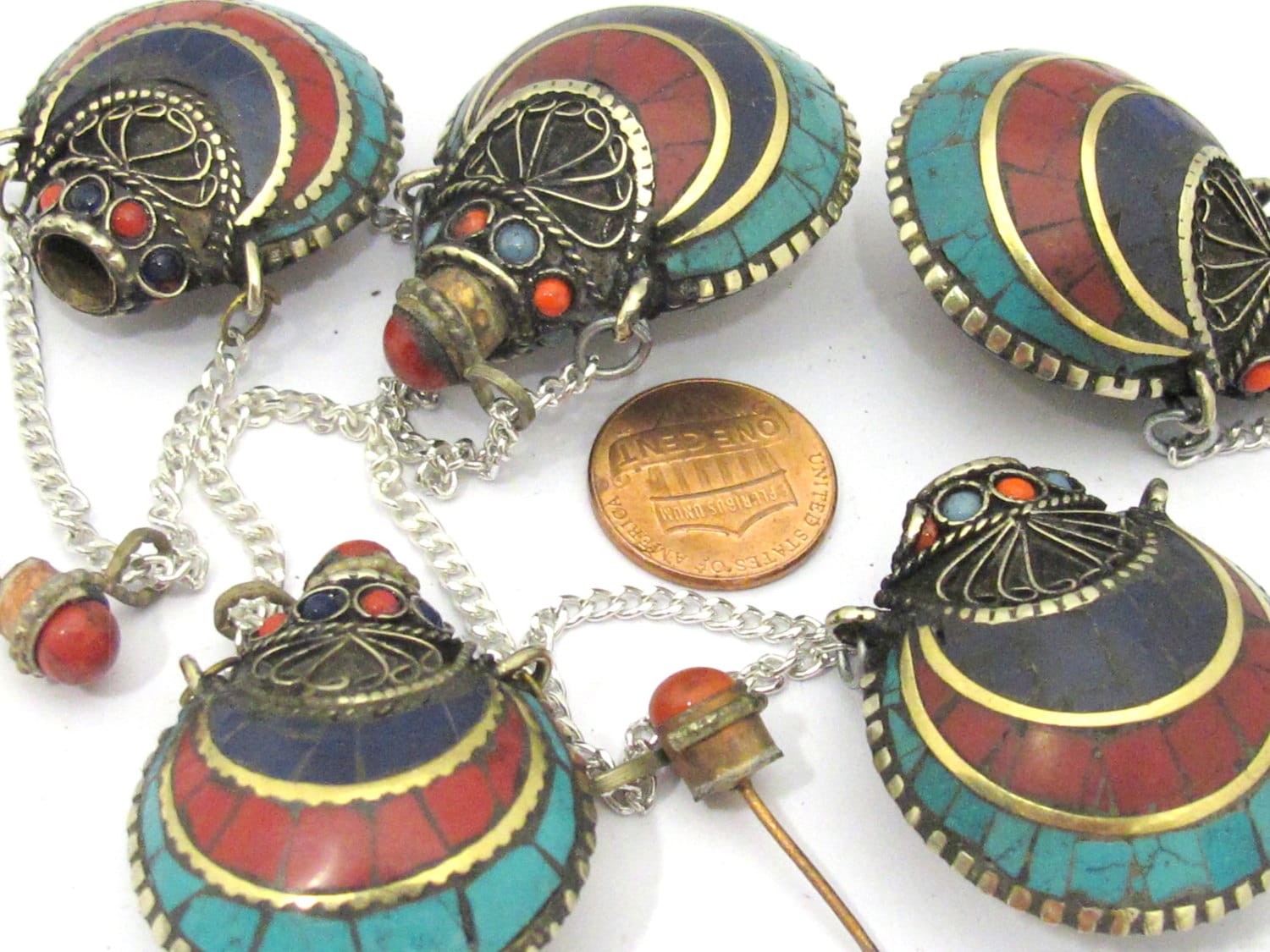 1 Pendant - Tibetan Om mantra snuff bottle brass pendant with lapis coral turquoise inlay - PM413B