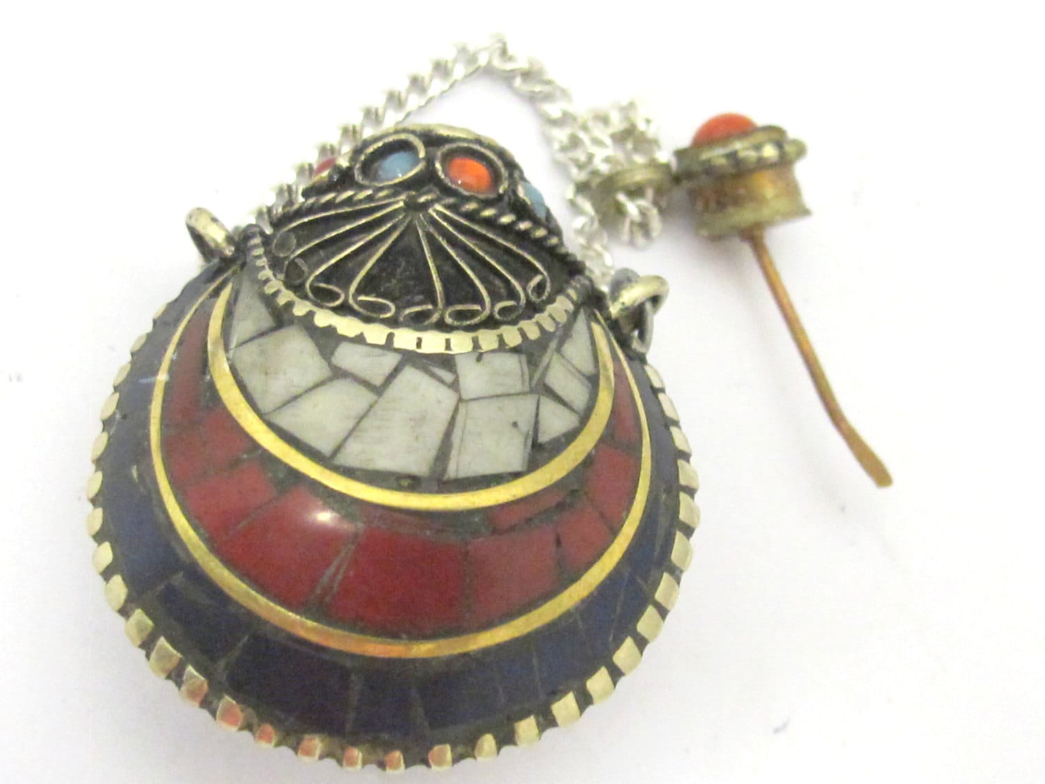 1 Pendant - Tibetan Om mantra snuff bottle brass pendant white color turquoise inlay - PM413C