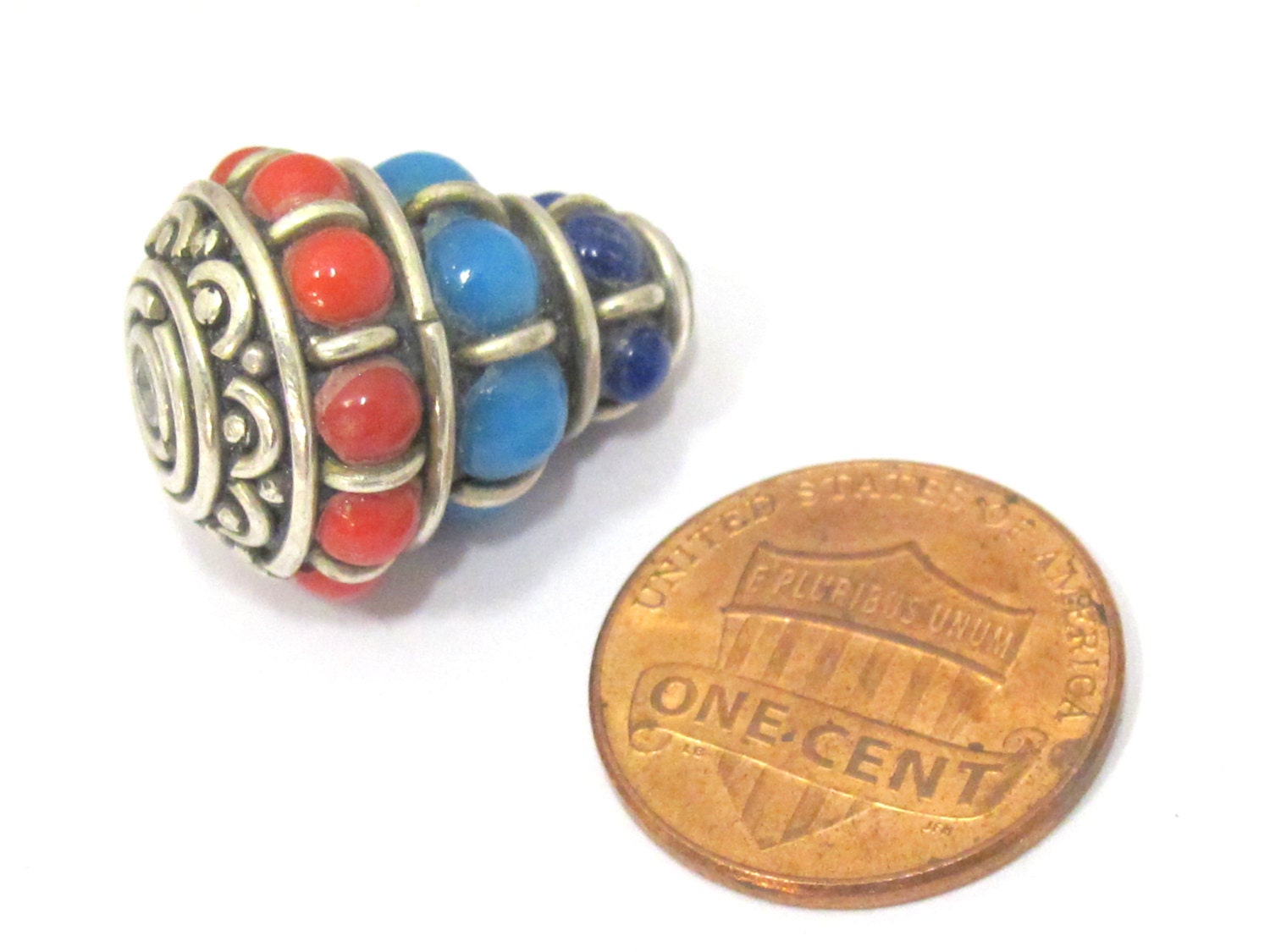 2 beads - Ethnic Tibetan silver nepal cone shape bead with red blue resin inlays - BD834s