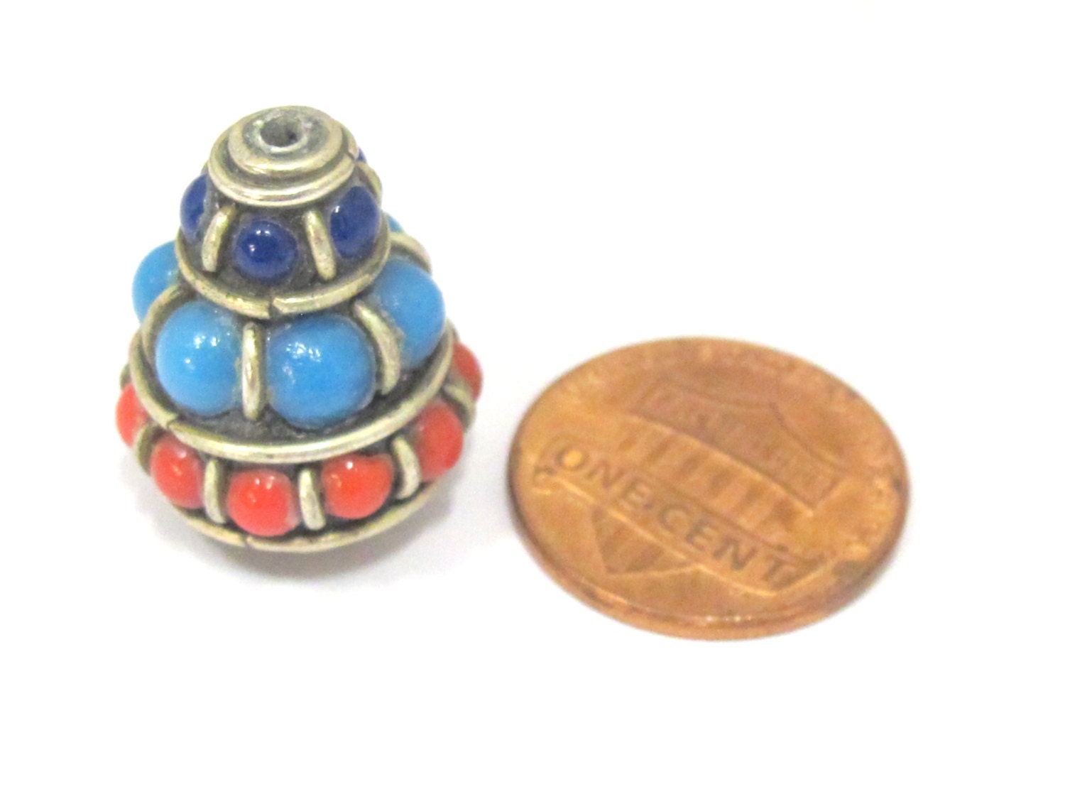 1 bead - Ethnic Tibetan silver nepal cone shape bead with red blue resin inlays - BD834