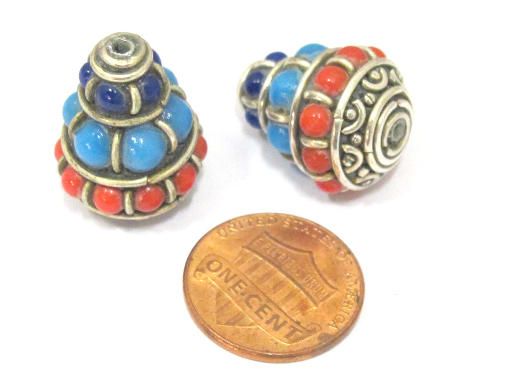 1 bead - Ethnic Tibetan silver nepal cone shape bead with red blue resin inlays - BD834