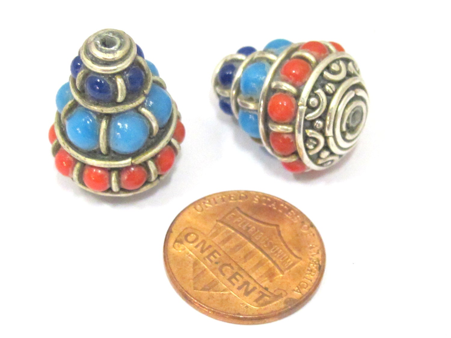 2 beads - Ethnic Tibetan silver nepal cone shape bead with red blue resin inlays - BD834s