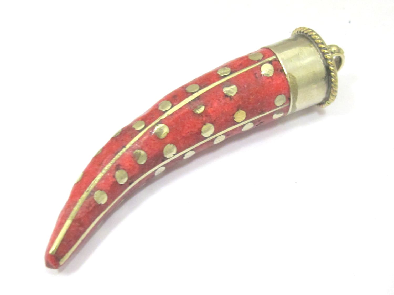 1 Pendant - Long Tibetan horn shape Brass pendant with inlay and dotted brass inlay - PM407A