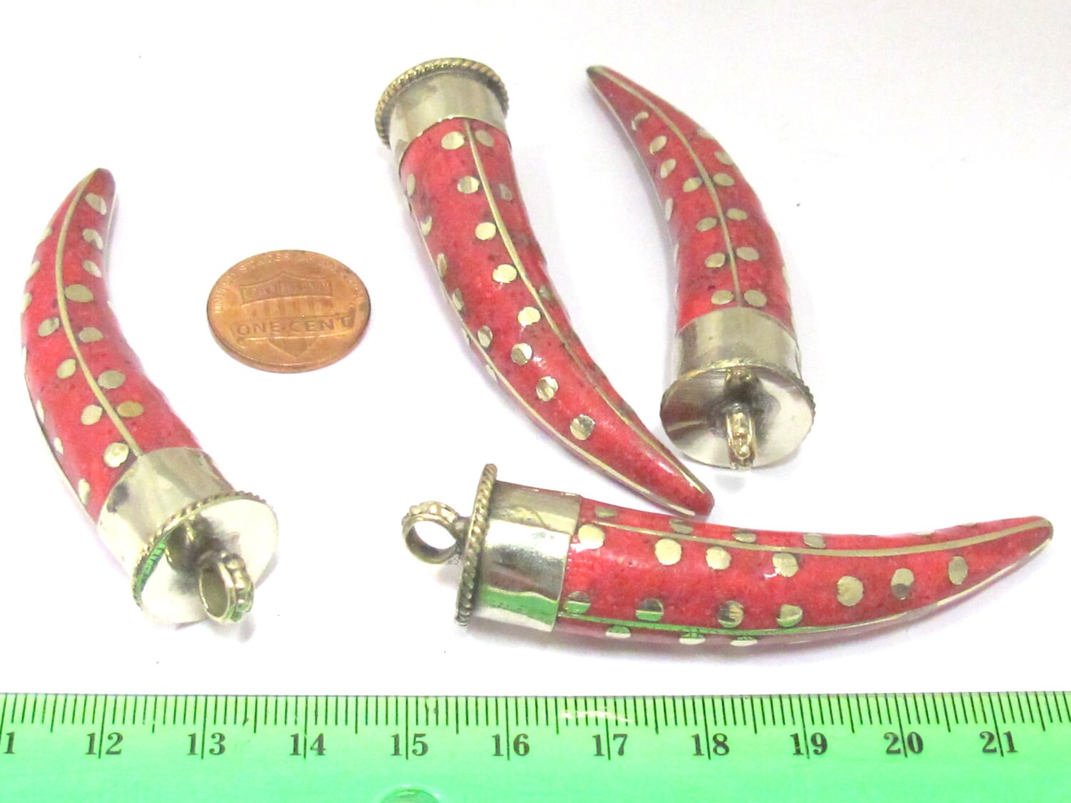 1 Pendant - Long Tibetan horn shape Brass pendant with inlay and dotted brass inlay - PM407A