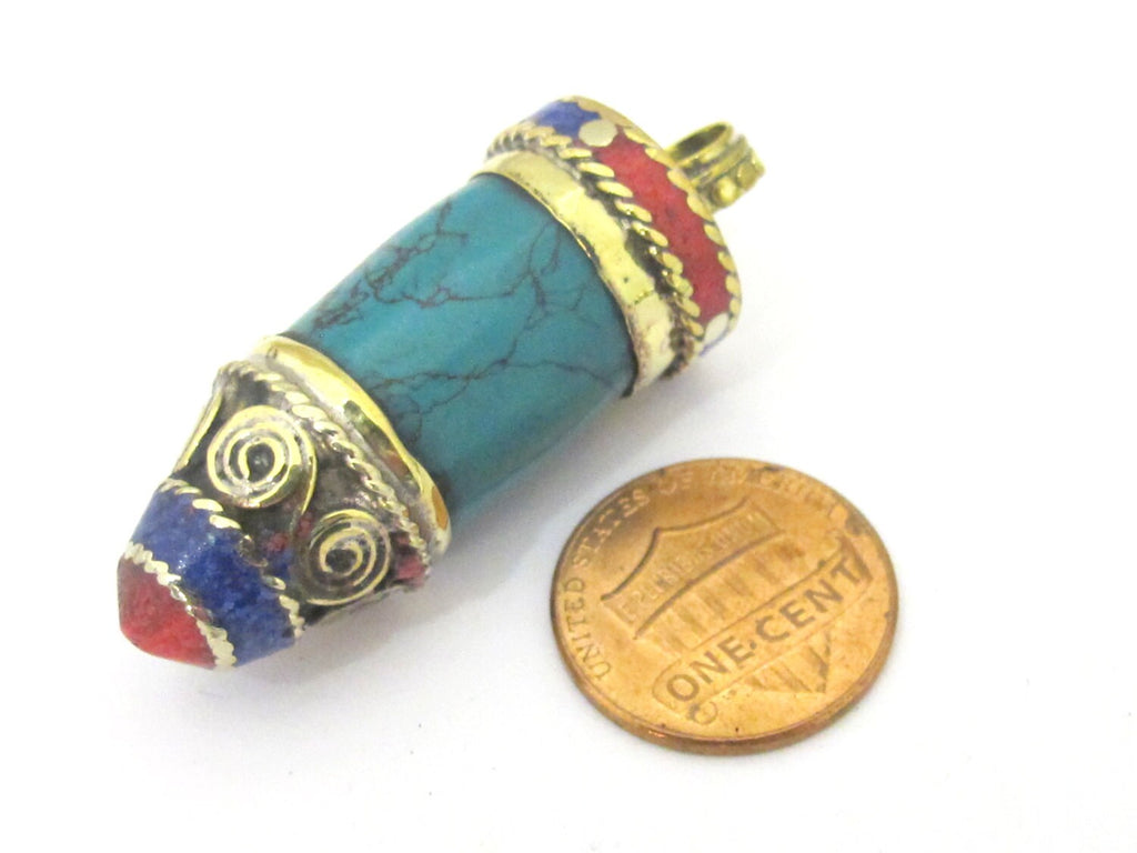 1 Pendant - Tibetan point bullet shape turquoise pendant with spiral inlay brass cap from Nepal - PM409