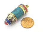 1 Pendant - Tibetan point bullet shape turquoise pendant with spiral inlay brass cap from Nepal - PM409