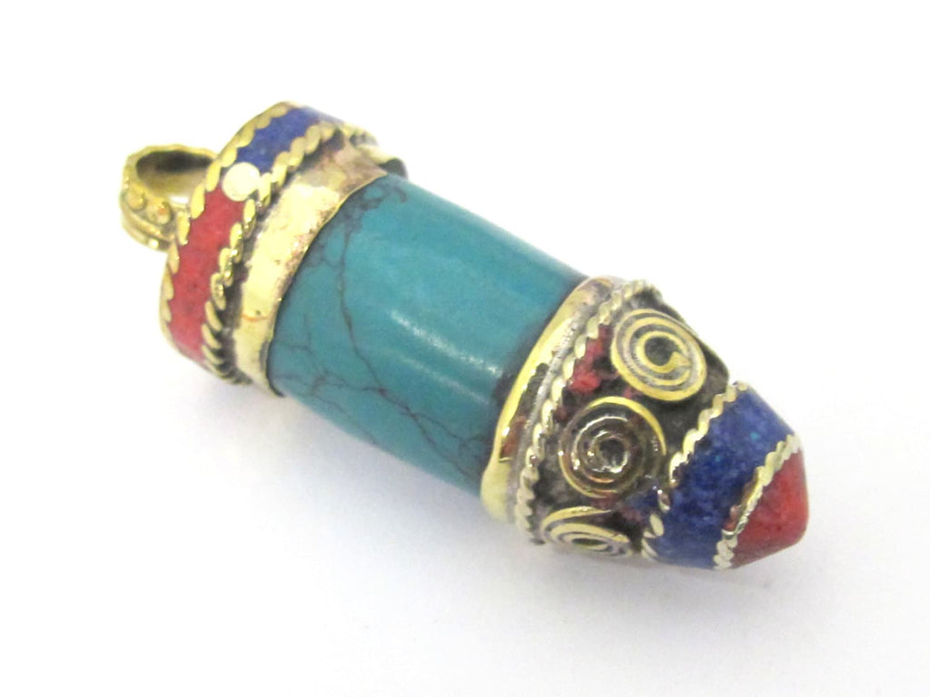 1 Pendant - Tibetan point bullet shape turquoise pendant with spiral inlay brass cap from Nepal - PM409