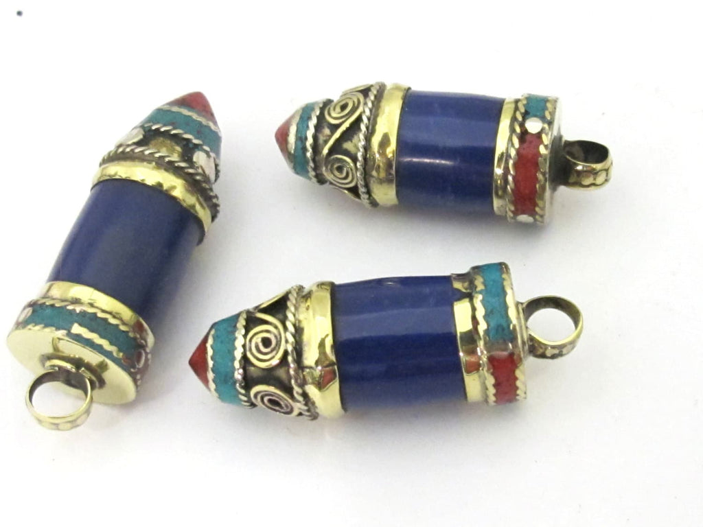1 Pendant - Tibetan point bullet shape lapis pendant with spiral inlay brass cap from Nepal - PM410