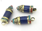 1 Pendant - Tibetan point bullet shape lapis pendant with spiral inlay brass cap from Nepal - PM410