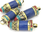 1 Pendant - Tibetan point bullet shape lapis pendant with spiral inlay brass cap from Nepal - PM410