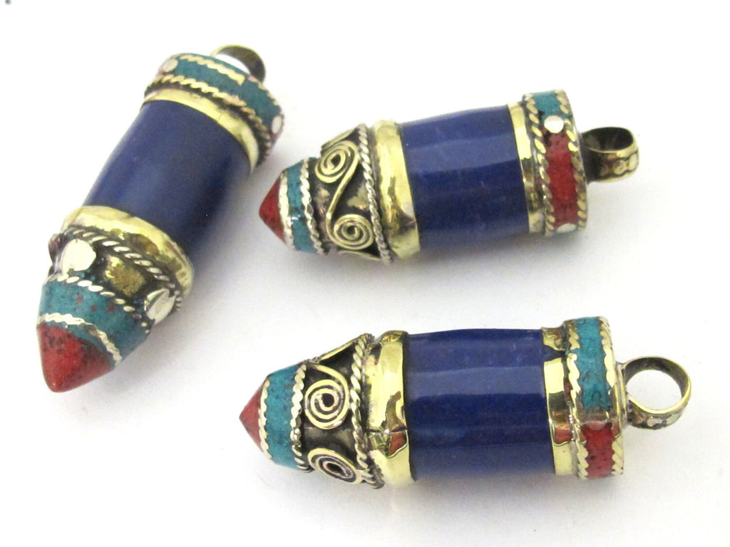 1 Pendant - Tibetan point bullet shape lapis pendant with spiral inlay brass cap from Nepal - PM410