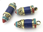 1 Pendant - Tibetan point bullet shape lapis pendant with spiral inlay brass cap from Nepal - PM410