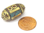 2 BEADS - Tibetan Beads - nepalese beads - tibetan craft - Thick Tibetan brass beads with turquoise inlay from Nepal - BD835s