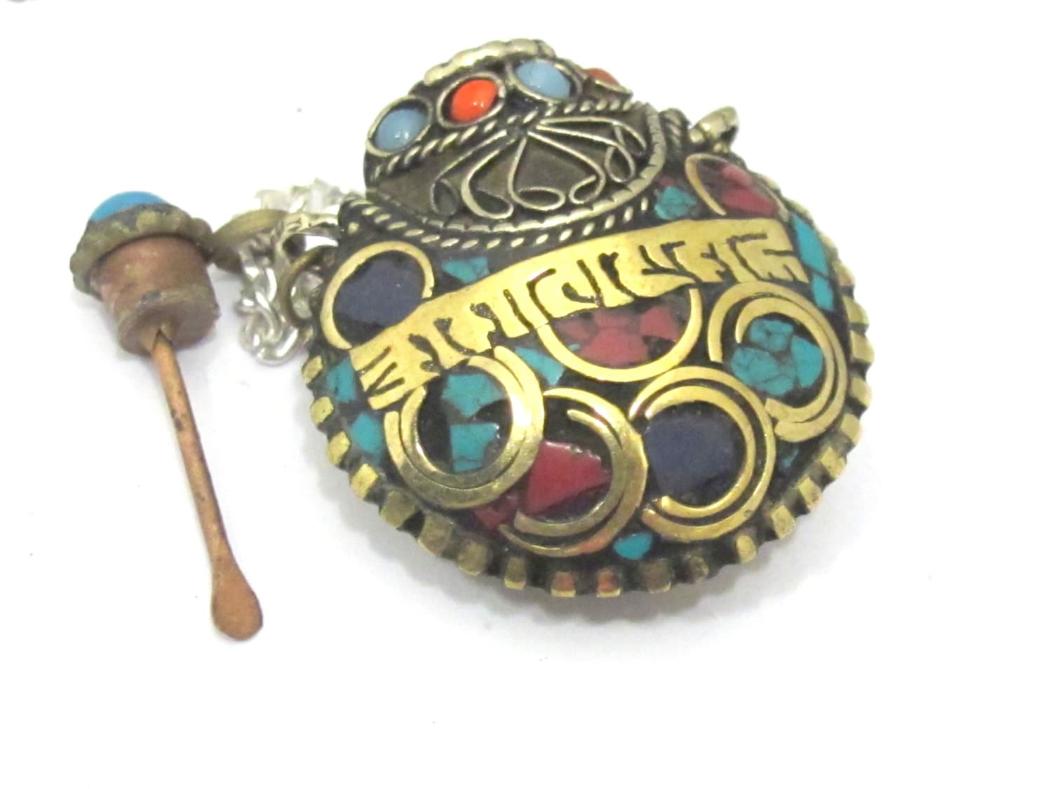1 Pendant - Tibetan Om mantra snuff bottle brass pendant with turquoise coral inlay - PM412