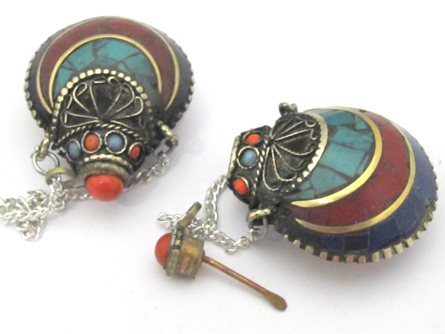 1 Pendant - Tibetan Om mantra snuff bottle brass pendant with turquoise coral inlay - PM413A