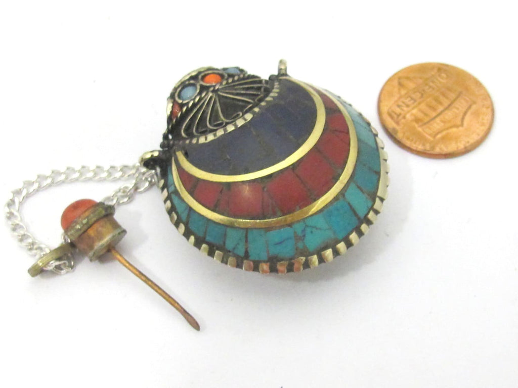 1 Pendant - Tibetan Om mantra snuff bottle brass pendant with lapis coral turquoise inlay - PM413B