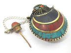1 Pendant - Tibetan Om mantra snuff bottle brass pendant with lapis coral turquoise inlay - PM413B