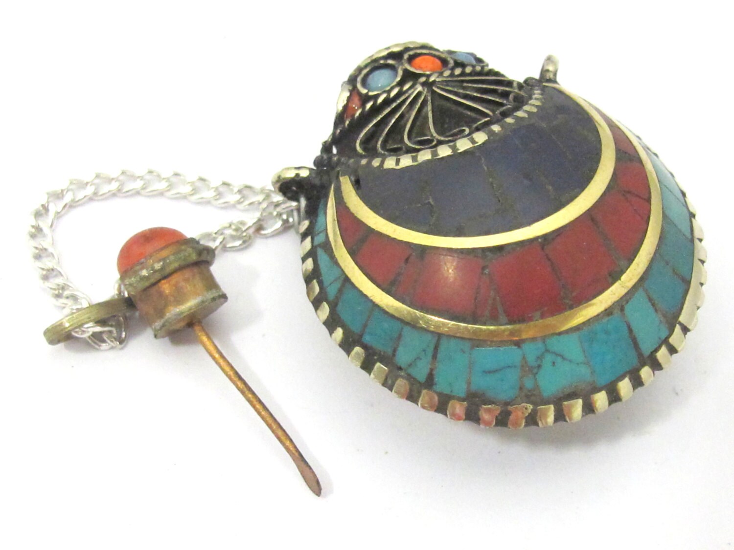 1 Pendant - Tibetan Om mantra snuff bottle brass pendant with lapis coral turquoise inlay - PM413B