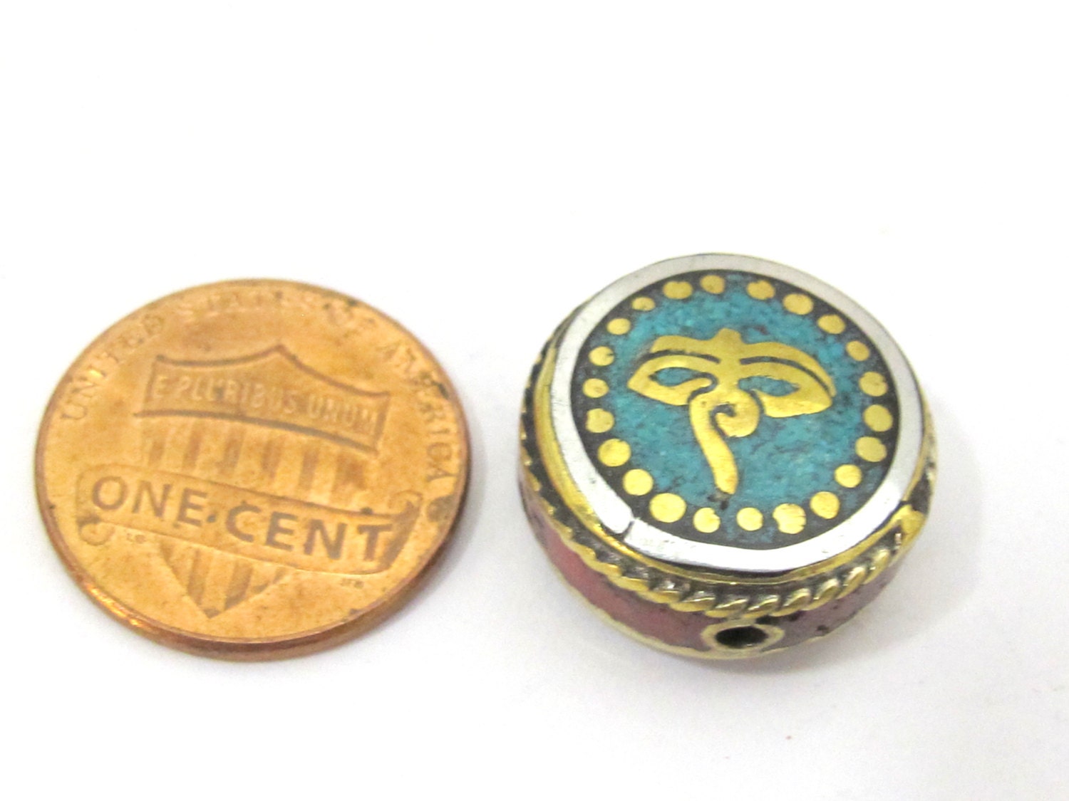 1 BEAD - Tibetan buddha eye inscribed reversible bead with lapis coral inlay from Nepal- BD841B