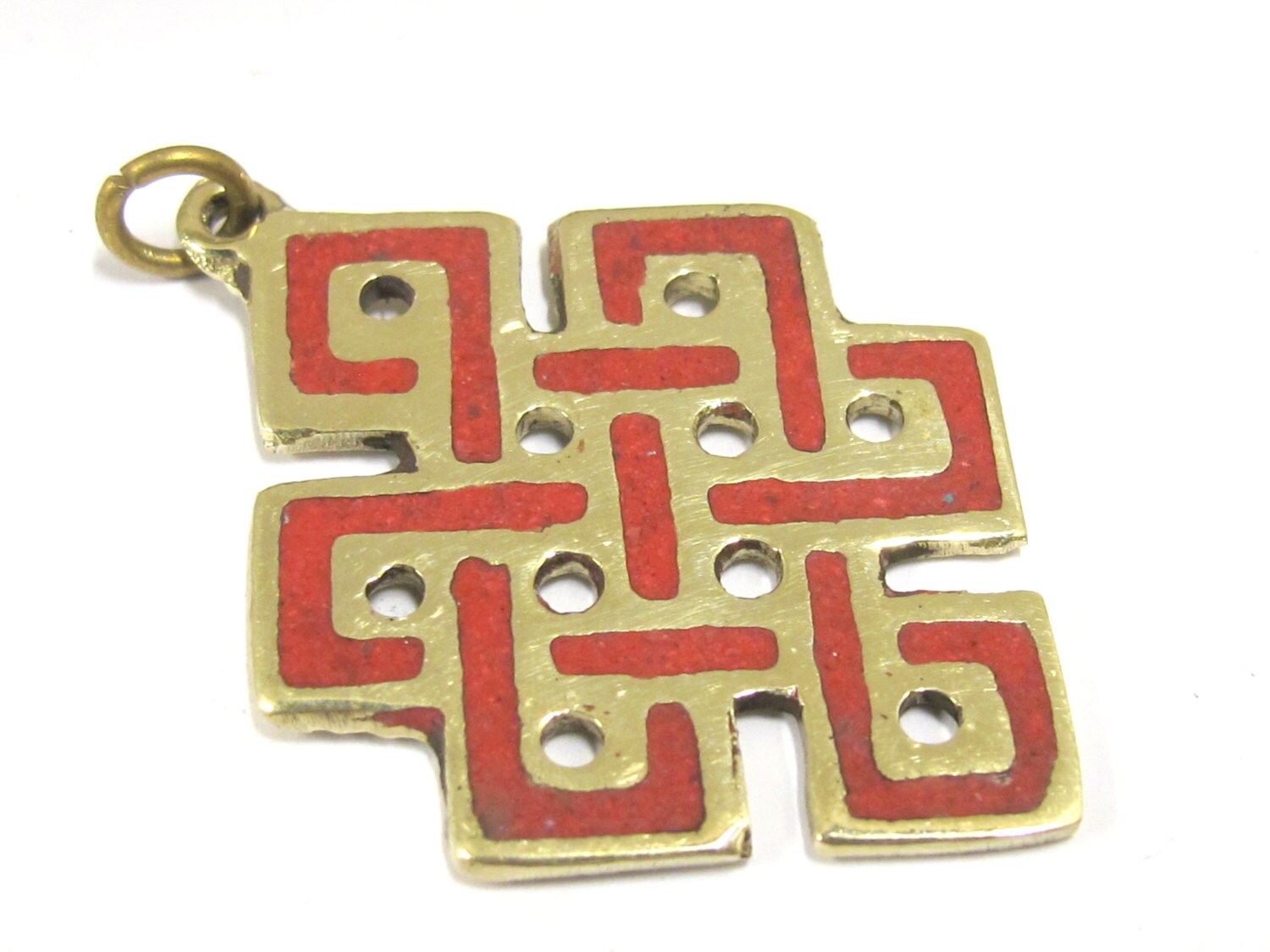 Tibetan endless knot symbol pendant with coral inlay from Nepal - PM416-CBA2