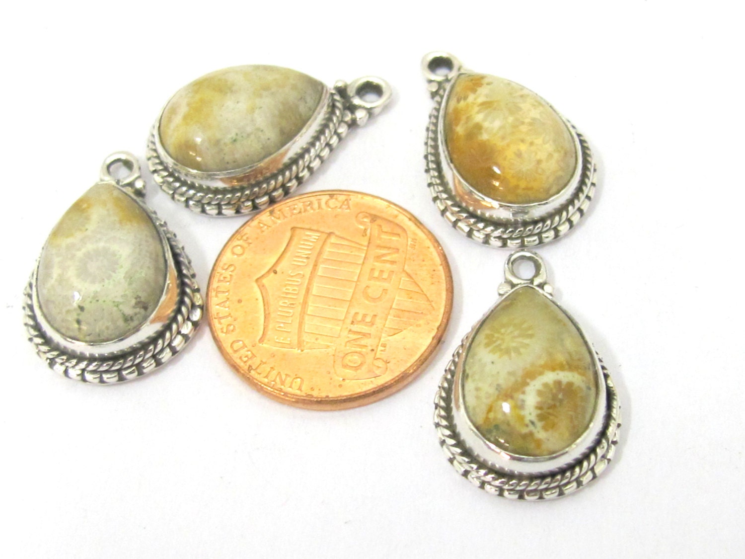 1 Pc - Small petite size Natural Fossil Coral drop charm pendant encased in Sterling silver stamped - PM417A
