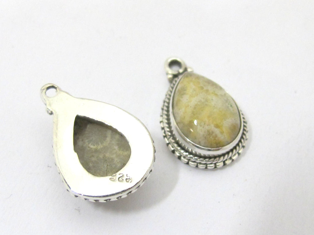 1 Pc - Small petite size Natural Fossil Coral drop charm pendant encased in Sterling silver stamped - PM417A