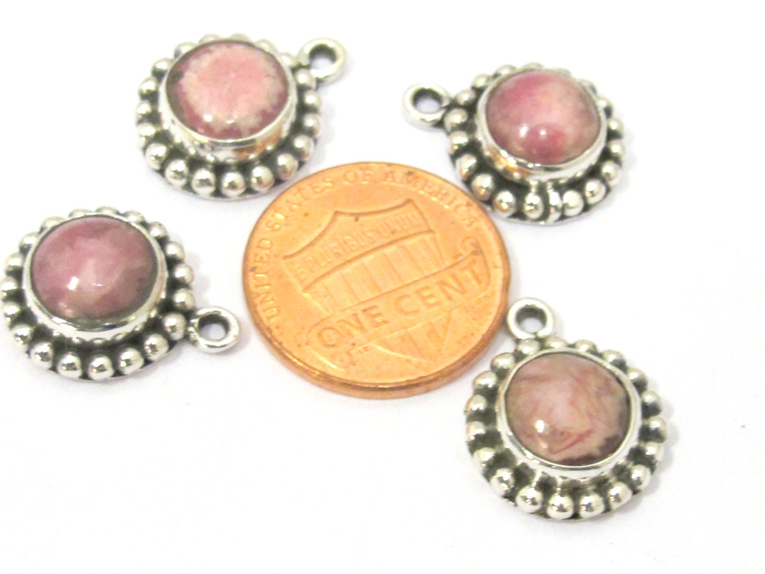 2 pieces - Small petite size rhodochrosite gemstone charm pendant encased in Sterling silver stamped - PM417B