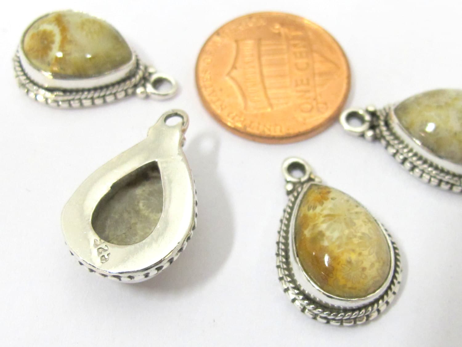 1 Pc - Small petite size Natural Fossil Coral drop charm pendant encased in Sterling silver stamped - PM417A